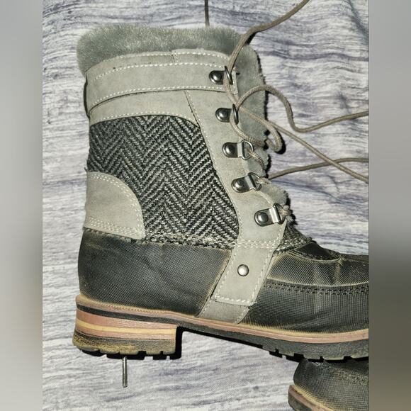 Womens Winter Ankle Boots Lace Up Faux Fur Trim Herringbone Detail - Picture 7 of 15